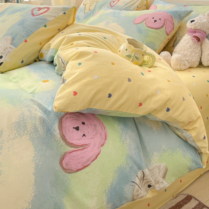 91家纺网 家纺一手货源 找家纺 2025新款全棉卡通小清新系列四件套 油画慕斯猫