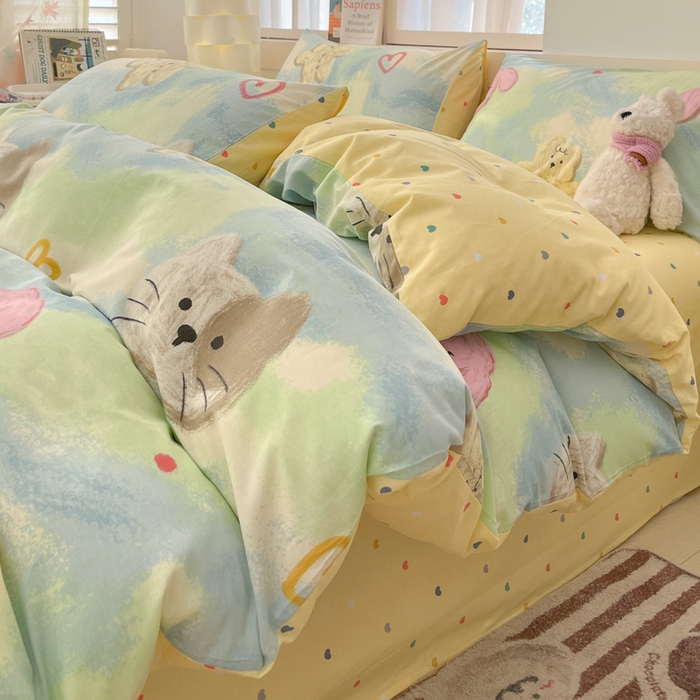 91家纺网 家纺一手货源 找家纺 2025新款全棉卡通小清新系列四件套 油画慕斯猫