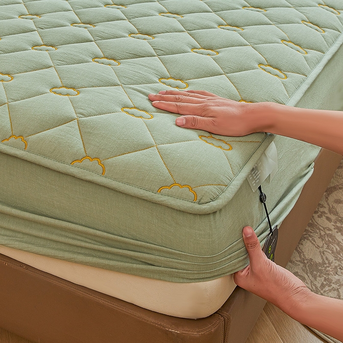 91家纺网 家纺一手货源 找家纺 3C 2024新款云朵全棉水洗棉床笠 云朵 抹茶绿