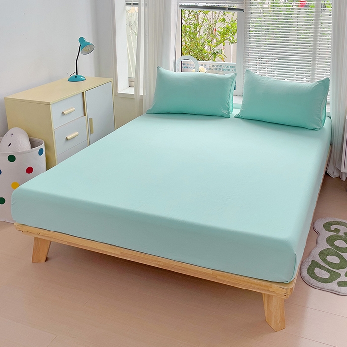 91家纺网 家纺一手货源 找家纺 森璐 2025新款水洗棉双拼四件套宿舍三件套床单被套枕套纯色-水绿色