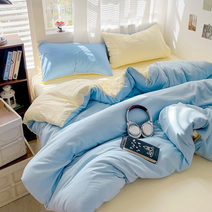 91家纺网 家纺一手货源 找家纺 森璐 2025新款水洗棉双拼四件套宿舍三件套床单被套枕套双拼-天蓝黄