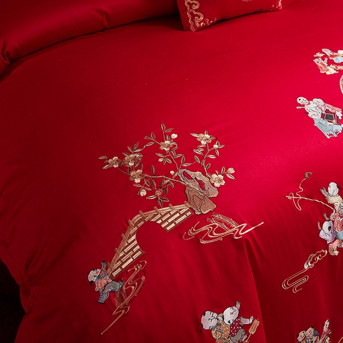 91家纺网 家纺一手货源 找家纺 东方合美（原：皇家传奇） 2023新款40s全工艺喷气刺绣纯棉婚庆多件套-系列三 百子百福