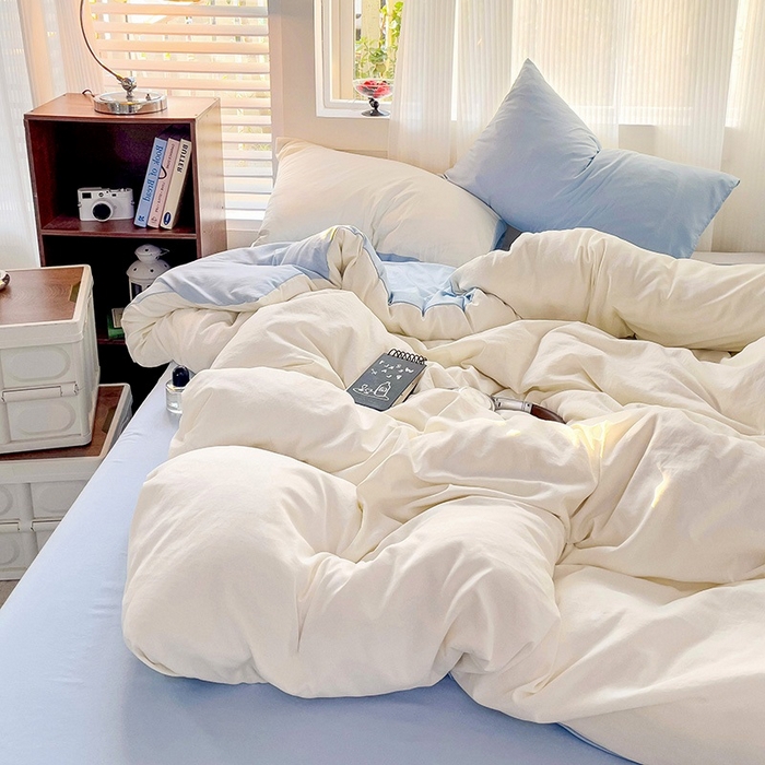 91家纺网 家纺一手货源 找家纺 森璐 2025新款水洗棉双拼四件套宿舍三件套床单被套枕套双拼-奶白蓝