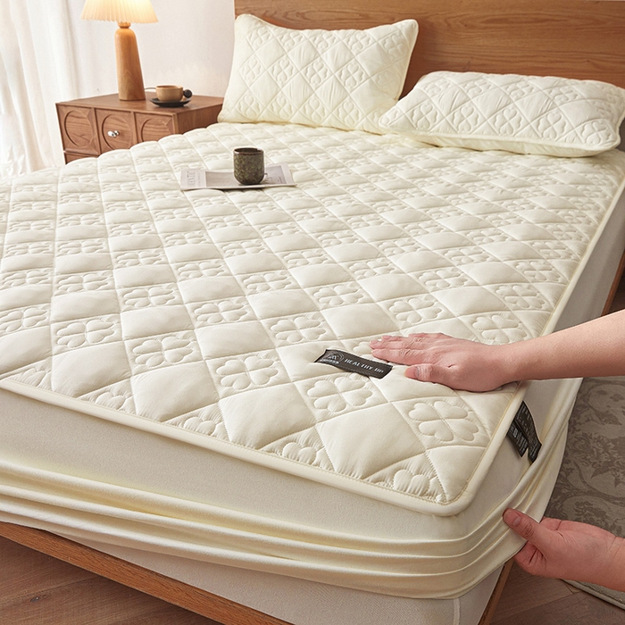 91家纺网 家纺一手货源 找家纺 3C 2025新款A类亲肤夹棉床笠-花叶 花叶 珍珠白