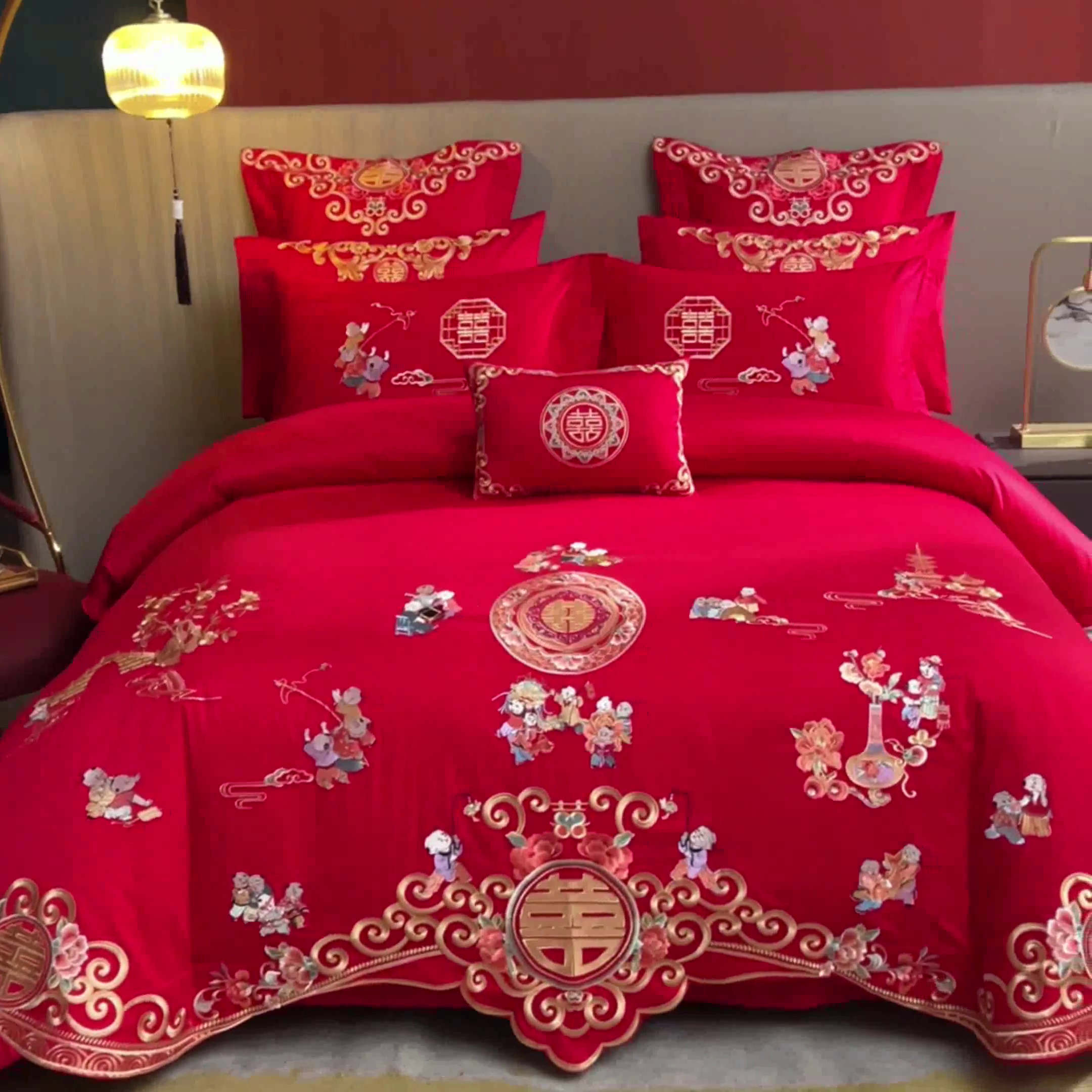 91家纺网 家纺一手货源 找家纺 东方合美（原：皇家传奇） 2023新款40s全工艺喷气刺绣纯棉婚庆多件套-系列三 百子百福