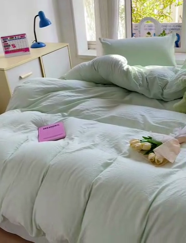 91家纺网 家纺一手货源 找家纺 森璐 2025新款水洗棉双拼四件套宿舍三件套床单被套枕套纯色-藻绿色