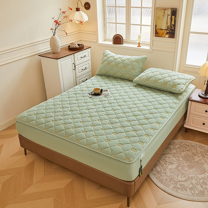 91家纺网 家纺一手货源 找家纺 3C 2024新款云朵全棉水洗棉床笠 云朵 抹茶绿