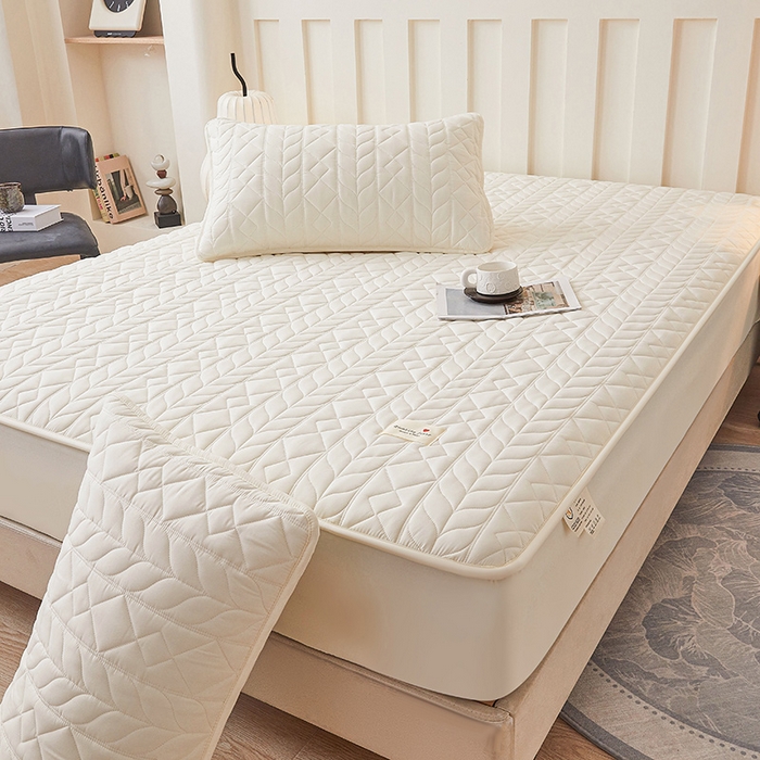 91家纺网 家纺一手货源 找家纺 3C 2025新款A类亲肤夹棉床笠-麦穗格 麦穗格 云朵白