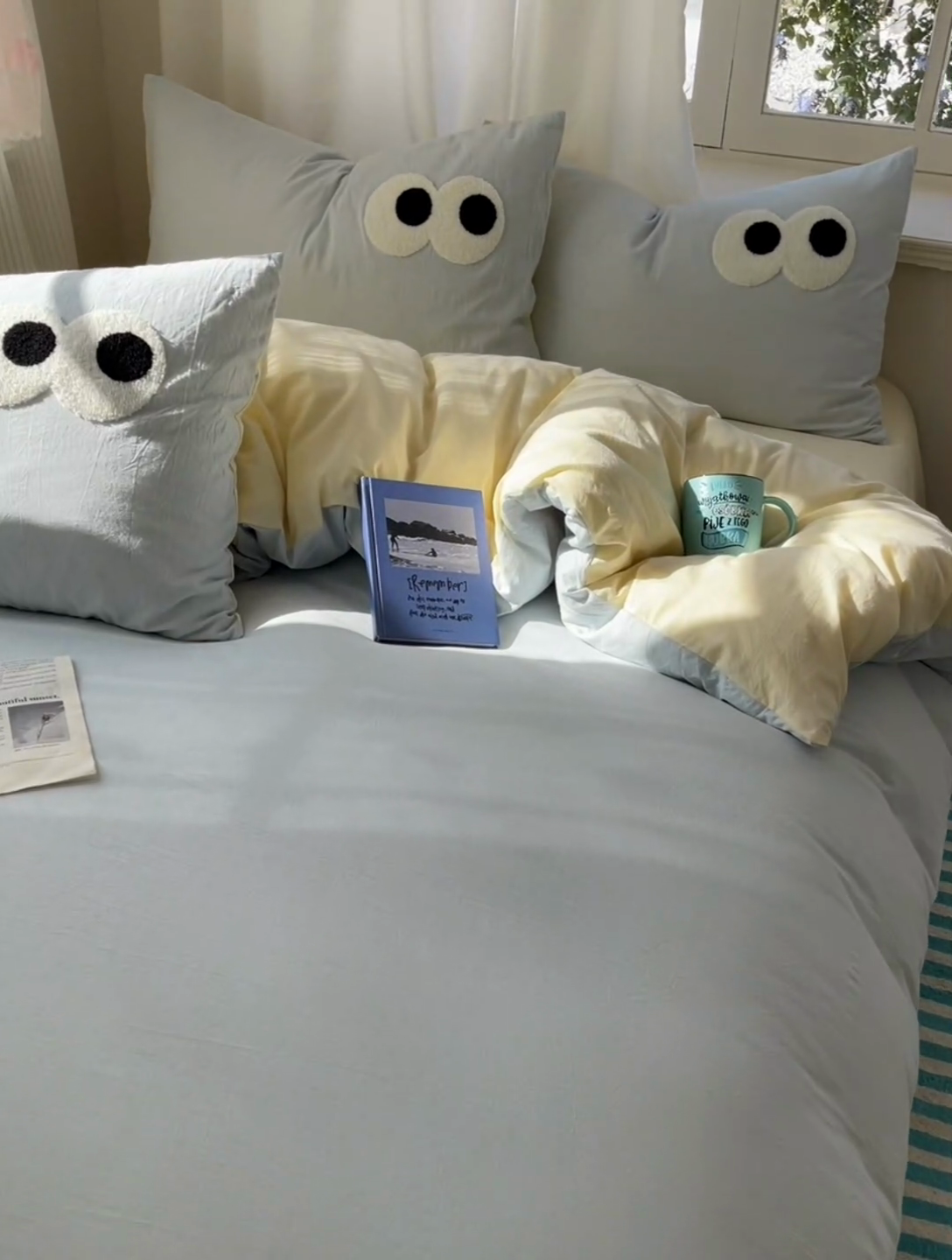 91家纺网 家纺一手货源 找家纺 2025新款A类亲肤舒适软糯云柔水洗棉大眼睛毛巾绣混搭格子撞色系列四件套 大眼海盐奶黄