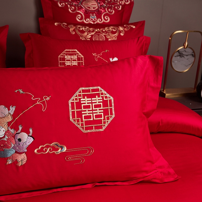 91家纺网 家纺一手货源 找家纺 东方合美（原：皇家传奇） 2023新款40s全工艺喷气刺绣纯棉婚庆多件套-系列三 百子百福