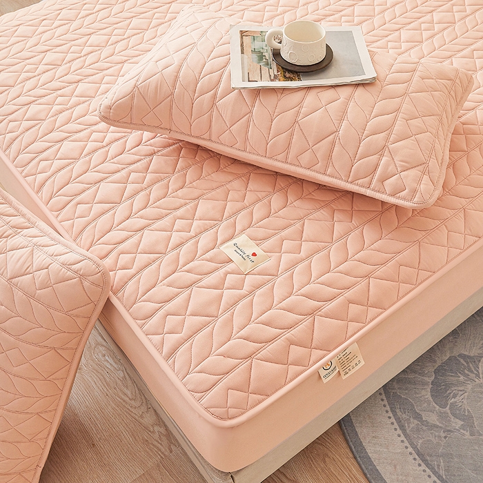 91家纺网 家纺一手货源 找家纺 3C 2025新款A类亲肤夹棉床笠-麦穗格 麦穗格 明媚粉