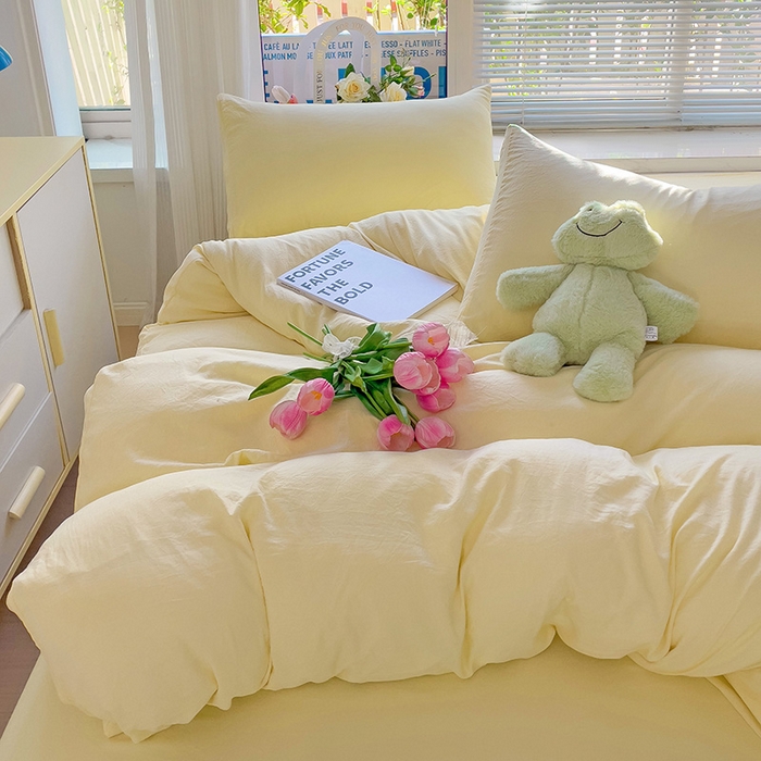 91家纺网 家纺一手货源 找家纺 森璐 2025新款水洗棉双拼四件套宿舍三件套床单被套枕套纯色-黄色