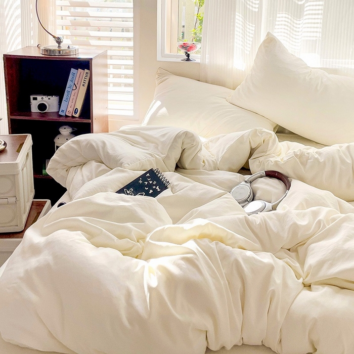 91家纺网 家纺一手货源 找家纺 森璐 2025新款水洗棉双拼四件套宿舍三件套床单被套枕套纯色-奶白
