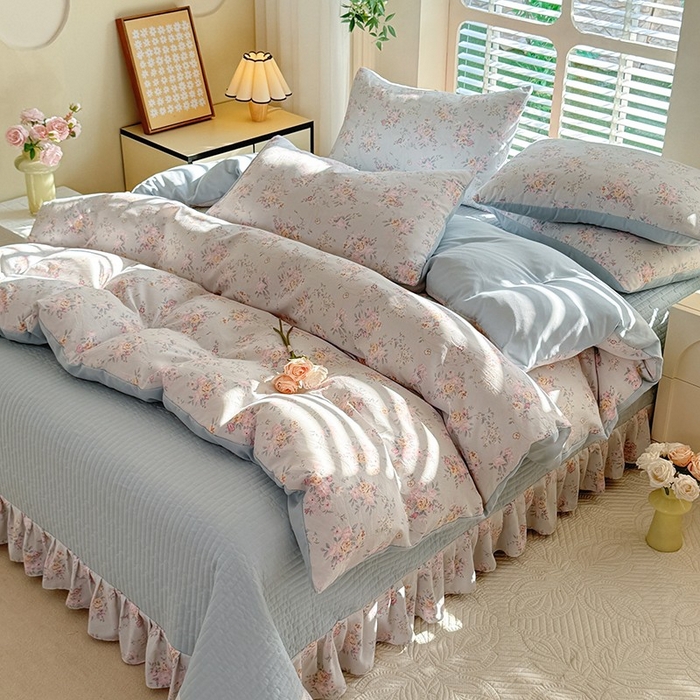 91家纺网 家纺一手货源 找家纺 韩约家纺 2025新款简约款1针织双层纱床盖四件套 淡雅花姿（简约款）