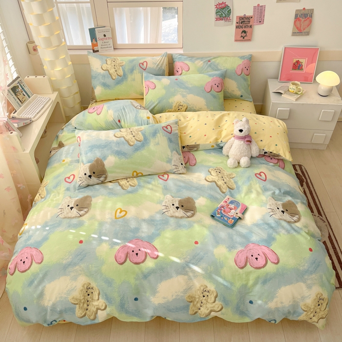 91家纺网 家纺一手货源 找家纺 2025新款全棉卡通小清新系列四件套 油画慕斯猫