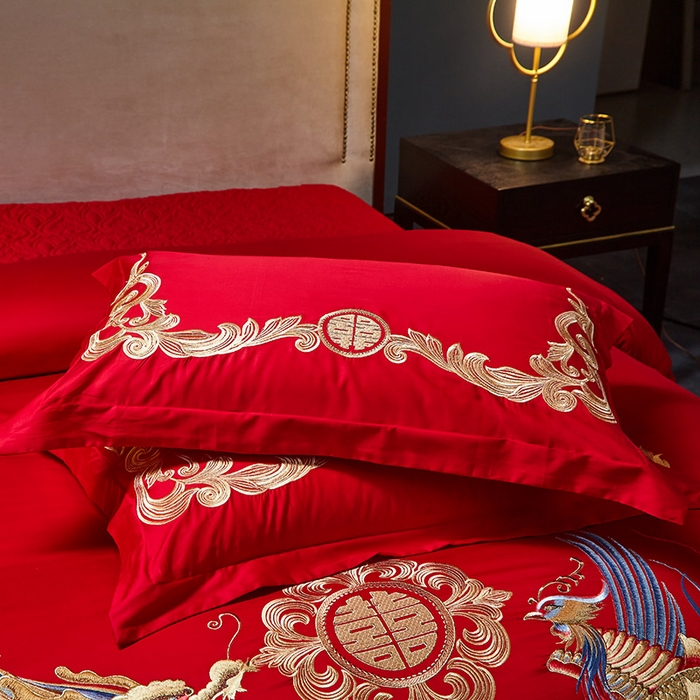 91家纺网 家纺一手货源 找家纺 东方合美（原：皇家传奇） 2023新款40s全工艺喷气刺绣纯棉婚庆多件套-系列三 福喜龙凤