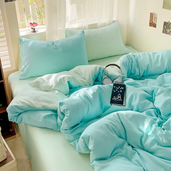 91家纺网 家纺一手货源 找家纺 森璐 2025新款水洗棉双拼四件套宿舍三件套床单被套枕套双拼-湖水绿