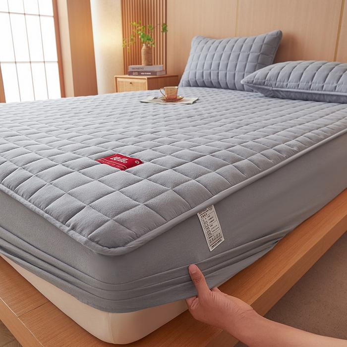 91家纺网 家纺一手货源 找家纺 3C 2025新款全棉水洗棉夹棉床笠-良品 良品 蓝灰