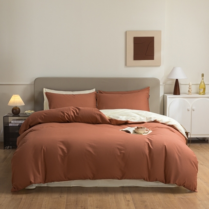 91家纺网 家纺一手货源 找家纺 典曼家纺 2025新品A类长绒棉纯色双拼四件套 1蜜棕红+奶昔白