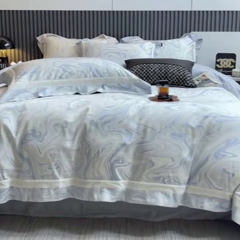 91家纺网 家纺一手货源 找家纺 春夏爆款全棉数码印花四件套纯棉轻奢风长绒棉床单被套时尚床上用品浮影 SM浮影-雅士灰