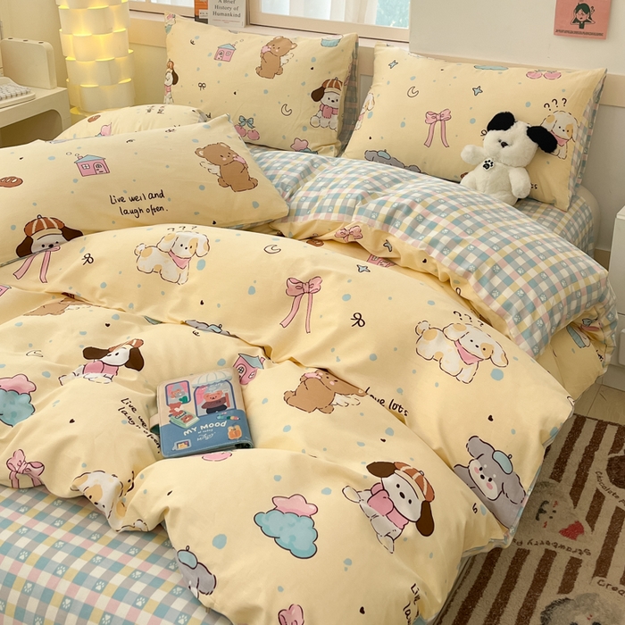 91家纺网 家纺一手货源 找家纺 2025新款全棉卡通小清新系列四件套 好奇狗