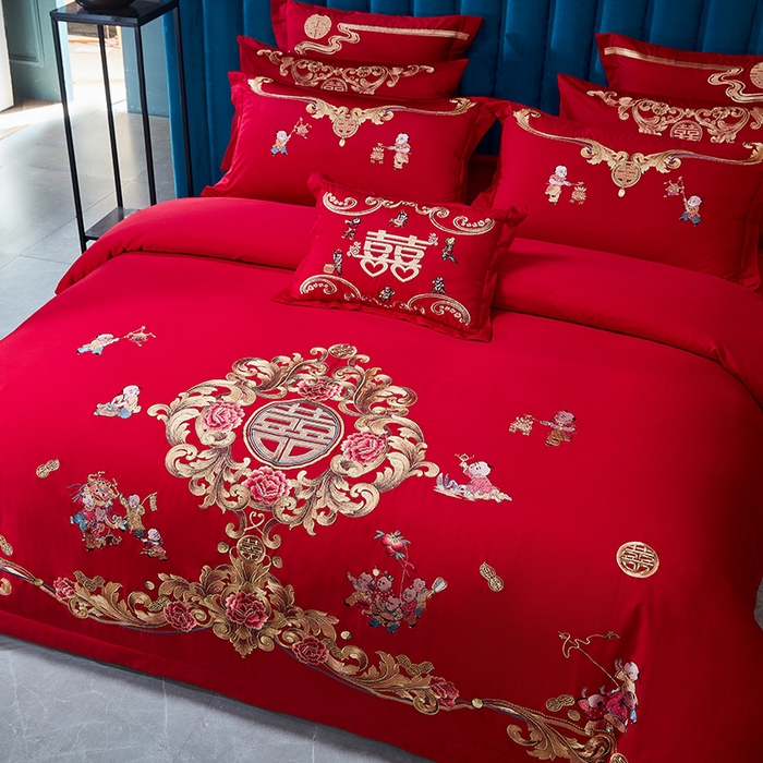 91家纺网 家纺一手货源 找家纺 东方合美（原：皇家传奇） 2023新款40s全工艺喷气刺绣纯棉婚庆多件套-系列三 多子多福