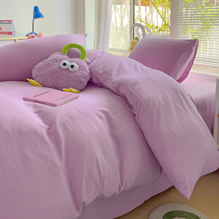 91家纺网 家纺一手货源 找家纺 森璐 2025新款水洗棉双拼四件套宿舍三件套床单被套枕套纯色-紫色