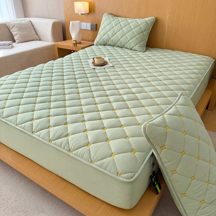 91家纺网 家纺一手货源 找家纺 3C 2024新款H全棉水洗棉床笠 抹茶绿