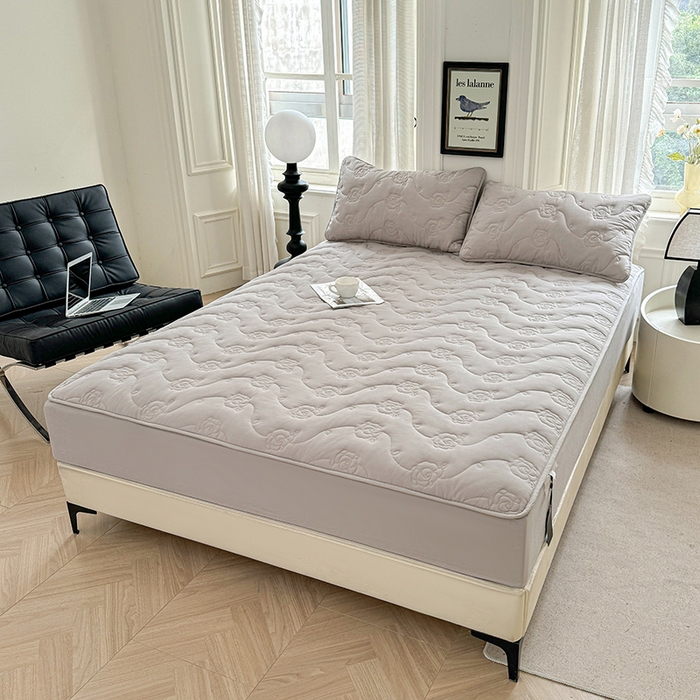 91家纺网 家纺一手货源 找家纺 3C 2024新款全棉水洗棉夹棉玫瑰床笠-花语系列 花语 夜光灰