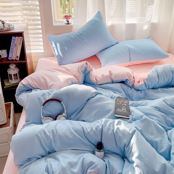 91家纺网 家纺一手货源 找家纺 森璐 2025新款水洗棉双拼四件套宿舍三件套床单被套枕套双拼-天蓝粉