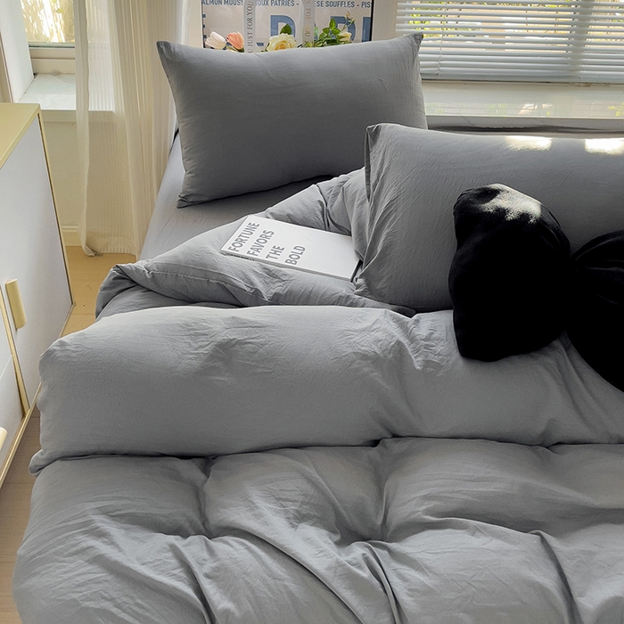 91家纺网 家纺一手货源 找家纺 森璐 2025新款水洗棉双拼四件套宿舍三件套床单被套枕套纯色-浅灰色