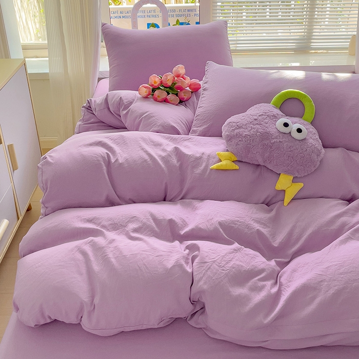 91家纺网 家纺一手货源 找家纺 森璐 2025新款水洗棉双拼四件套宿舍三件套床单被套枕套纯色-紫色
