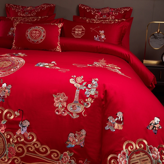 91家纺网 家纺一手货源 找家纺 东方合美（原：皇家传奇） 2023新款40s全工艺喷气刺绣纯棉婚庆多件套-系列三 百子百福