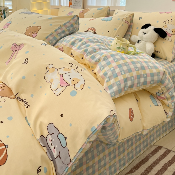 91家纺网 家纺一手货源 找家纺 2025新款全棉卡通小清新系列四件套 好奇狗