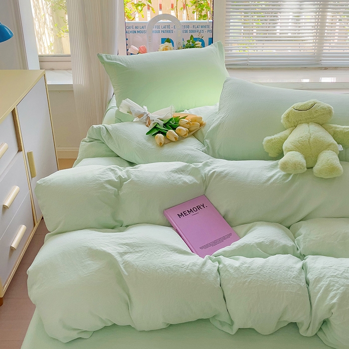 91家纺网 家纺一手货源 找家纺 森璐 2025新款水洗棉双拼四件套宿舍三件套床单被套枕套纯色-藻绿色