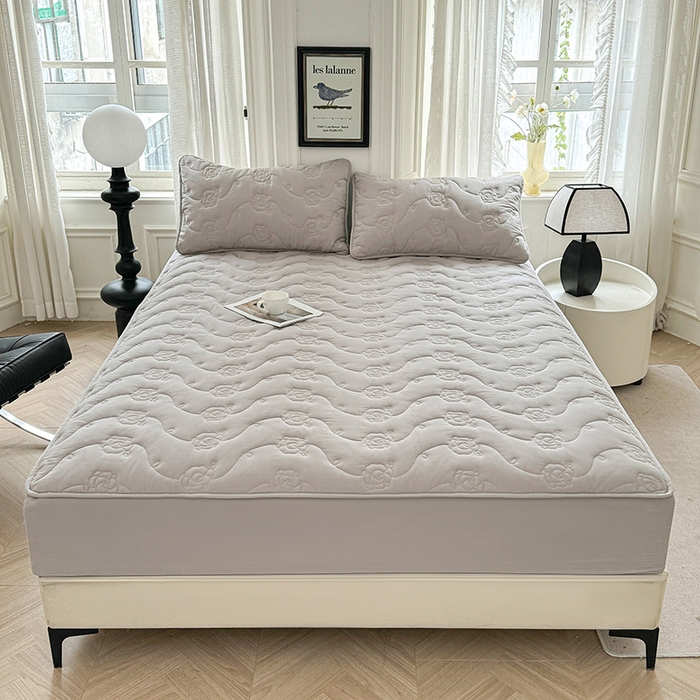 91家纺网 家纺一手货源 找家纺 3C 2024新款全棉水洗棉夹棉玫瑰床笠-花语系列 花语 夜光灰