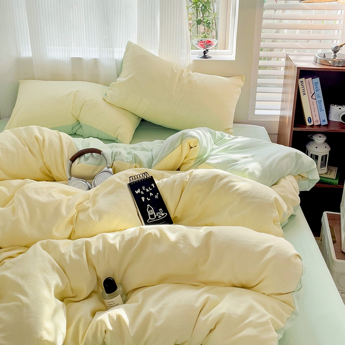 91家纺网 家纺一手货源 找家纺 森璐 2025新款水洗棉双拼四件套宿舍三件套床单被套枕套双拼-浅黄绿