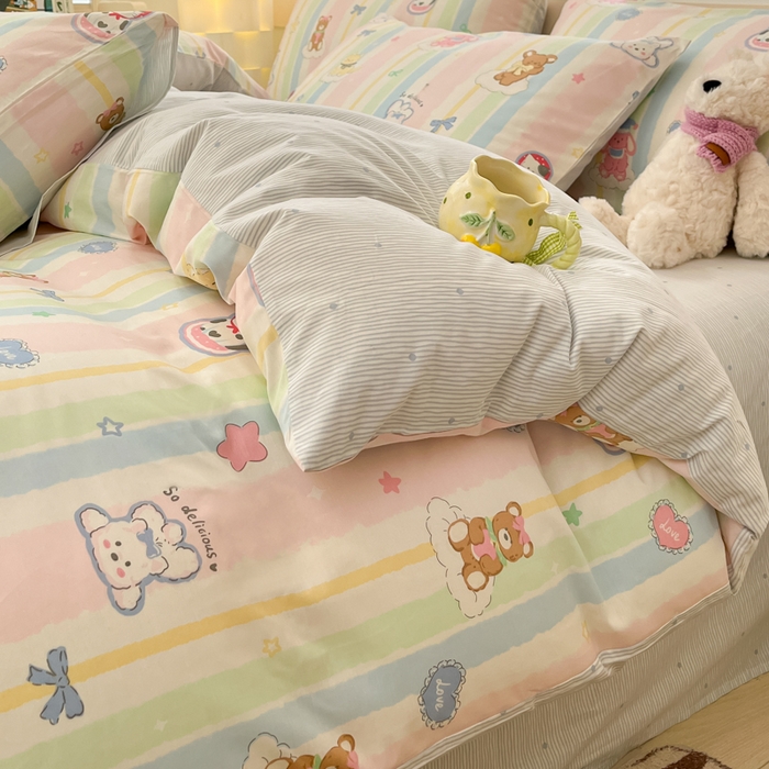 91家纺网 家纺一手货源 找家纺 2025新款全棉卡通小清新系列四件套 甜宠蜜语