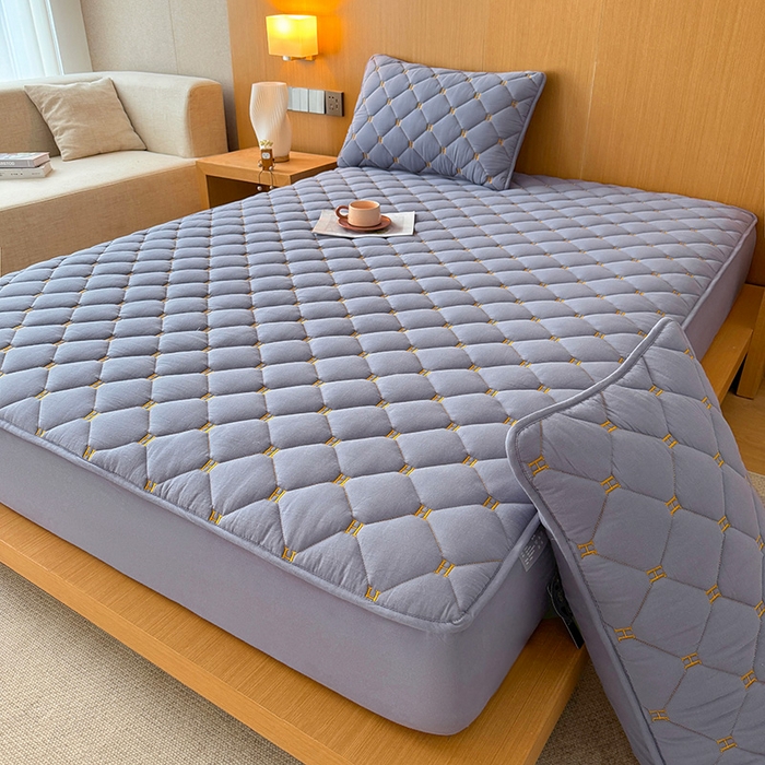 91家纺网 家纺一手货源 找家纺 3C 2024新款H全棉水洗棉床笠 蓝灰