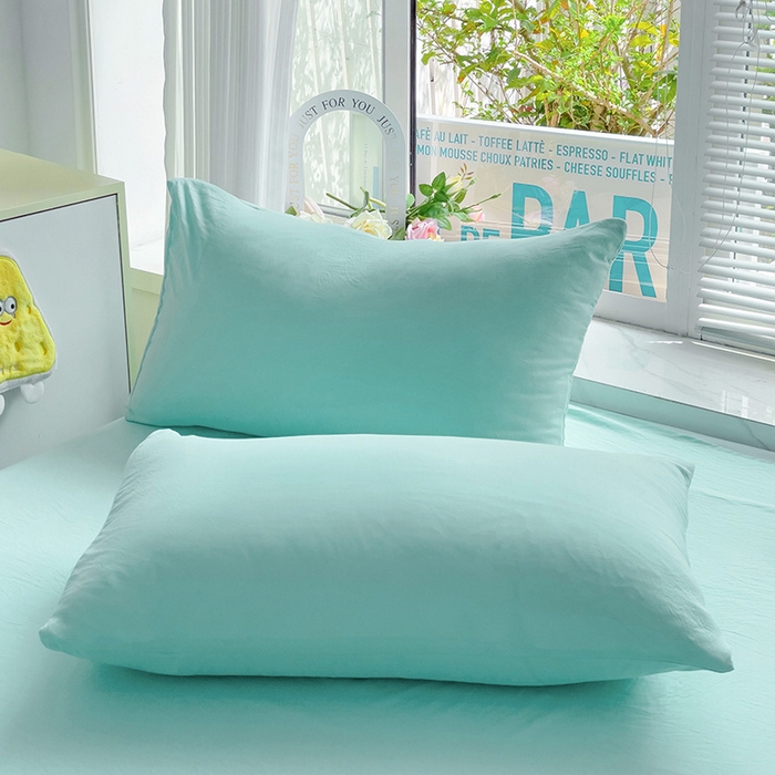 91家纺网 家纺一手货源 找家纺 森璐 2025新款水洗棉双拼四件套宿舍三件套床单被套枕套纯色-水绿色