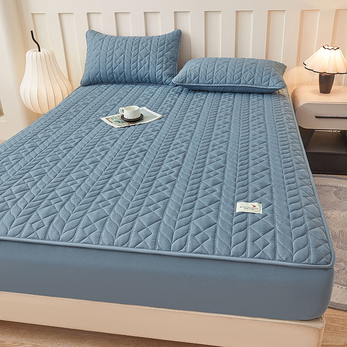 91家纺网 家纺一手货源 找家纺 3C 2025新款A类亲肤夹棉床笠-麦穗格 麦穗格 深海蓝