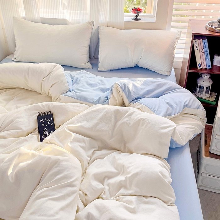 91家纺网 家纺一手货源 找家纺 森璐 2025新款水洗棉双拼四件套宿舍三件套床单被套枕套双拼-奶白蓝