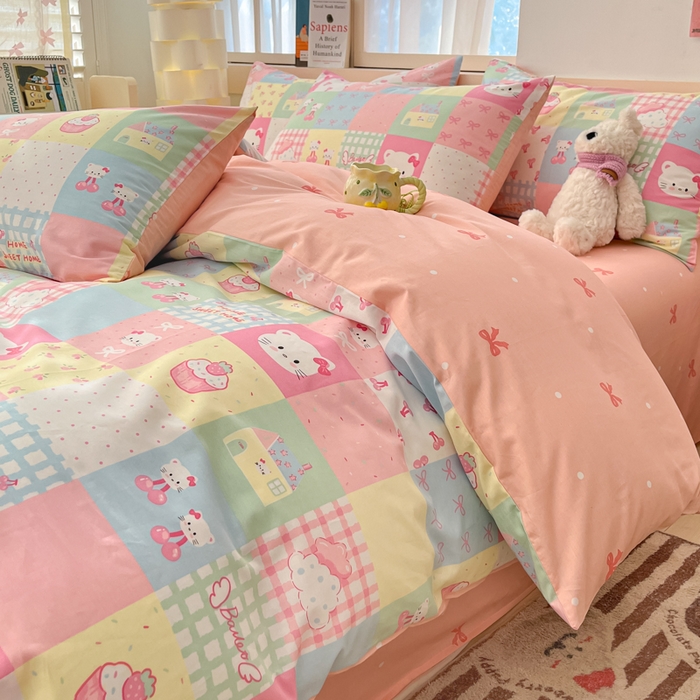 91家纺网 家纺一手货源 找家纺 2025新款全棉卡通小清新系列四件套 可爱喵喵