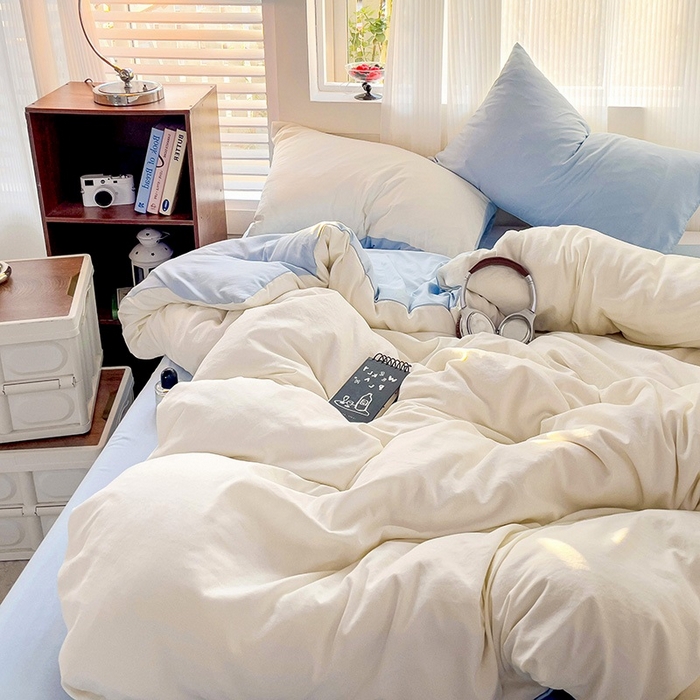 91家纺网 家纺一手货源 找家纺 森璐 2025新款水洗棉双拼四件套宿舍三件套床单被套枕套双拼-奶白蓝