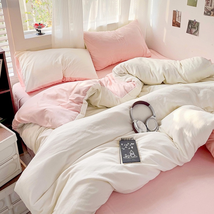 91家纺网 家纺一手货源 找家纺 森璐 2025新款水洗棉双拼四件套宿舍三件套床单被套枕套双拼-奶白粉
