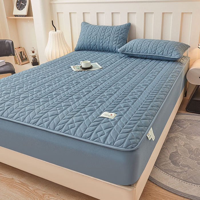 91家纺网 家纺一手货源 找家纺 3C 2025新款A类亲肤夹棉床笠-麦穗格 麦穗格 深海蓝