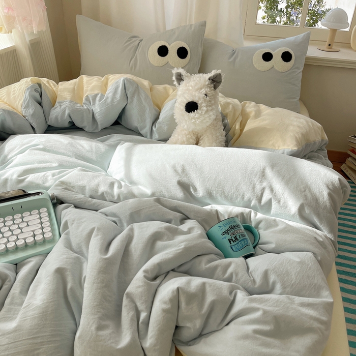 91家纺网 家纺一手货源 找家纺 2025新款A类亲肤舒适软糯云柔水洗棉大眼睛毛巾绣混搭格子撞色系列四件套 大眼海盐奶黄