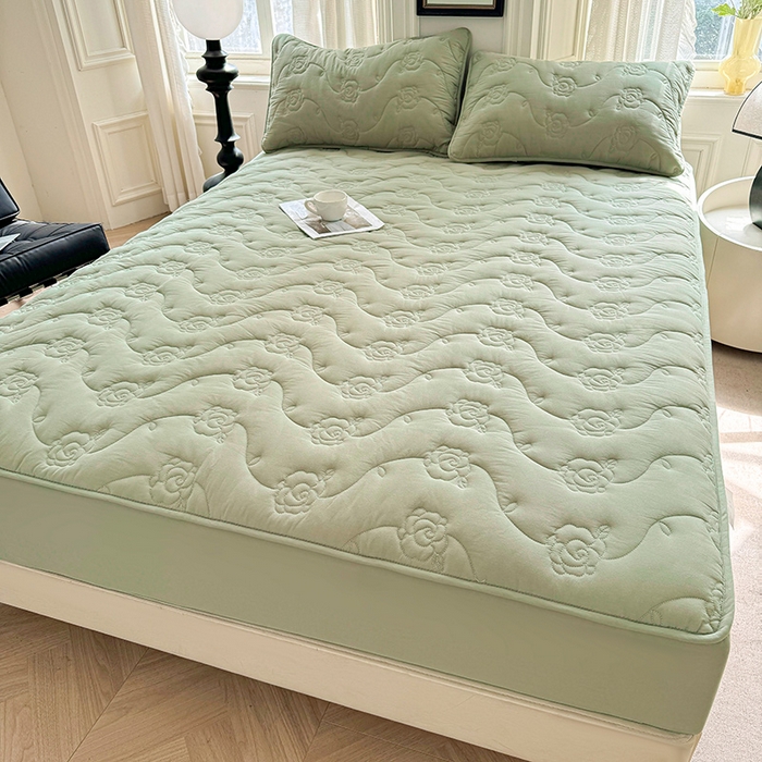 91家纺网 家纺一手货源 找家纺 3C 2024新款全棉水洗棉夹棉玫瑰床笠-花语系列 花语 抹茶绿