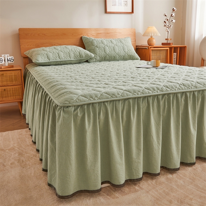 91家纺网 家纺一手货源 找家纺 3C 2024新款全棉水洗棉夹棉床裙-四叶草系列 四叶草-抹茶绿