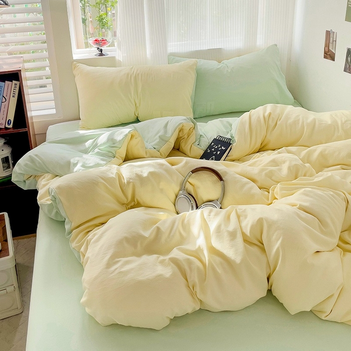 91家纺网 家纺一手货源 找家纺 森璐 2025新款水洗棉双拼四件套宿舍三件套床单被套枕套双拼-浅黄绿